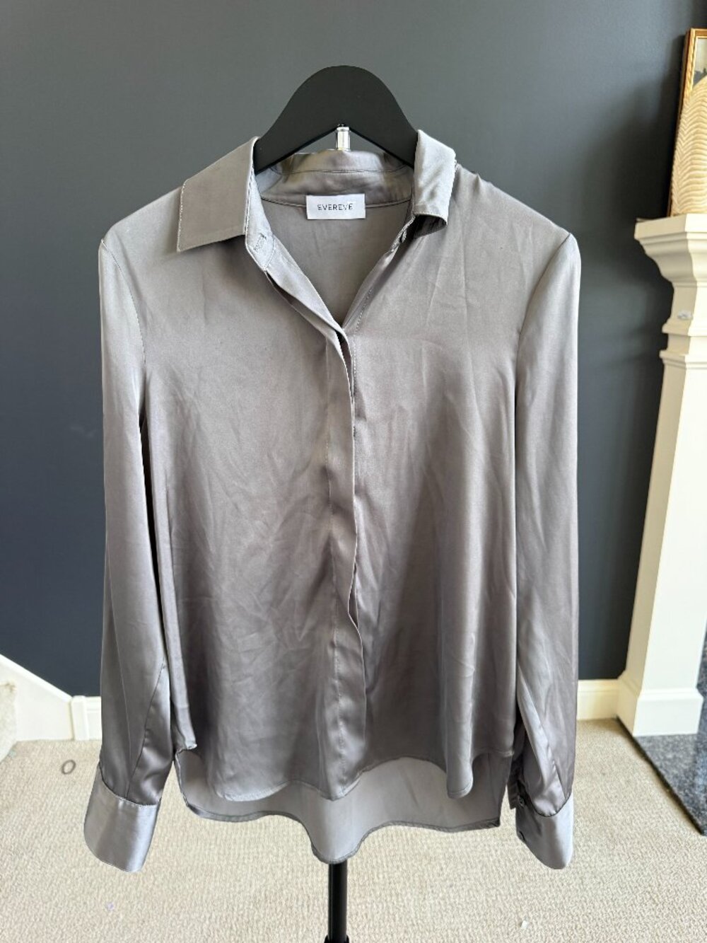 EVEREVE Silver Taupe Satin Button Down Blouse